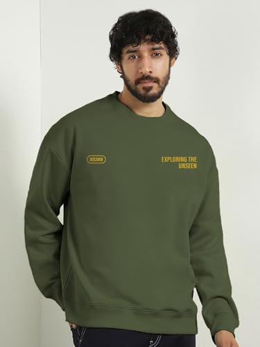Image of Nobero Men's Graphic Printed Oversized Sweatshirt | Cotton Rich Fleece Round Neck Pullover | Relaxed Fit Casual Winter Wear for Men