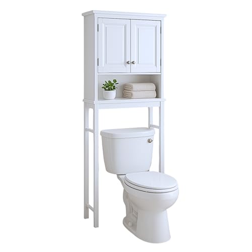 Alaterre Furniture Dorset Over-The-Toilet Storage Cabinet Set – Bathroom Organizer with Adjustable Shelf, Open Display Shelf, Zinc Hinges, and Nylon Floor Levelers (White)