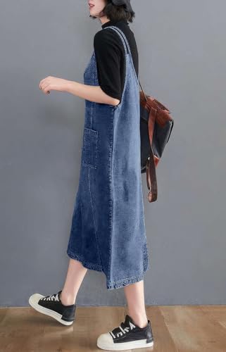 Image of ebossy Women's Sleeveless V Neck Denim Overall Jumper Dress Casual Loose Double Spaghetti Straps Midi Jean Dress