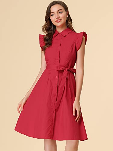 Image of Allegra K Women's Ruffled Sleeve Casual Office Dress Tie Waist Button Down Cotton Shirt Dresses