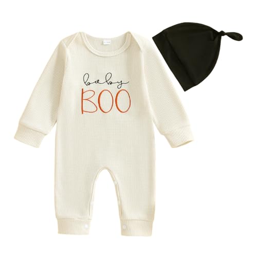 Userdefined Baby Girl Boy Halloween Outfit Fall Baby Girl Boy Clothes Waffle Knit Footie Romper Onesie Jumpsuit with Hat