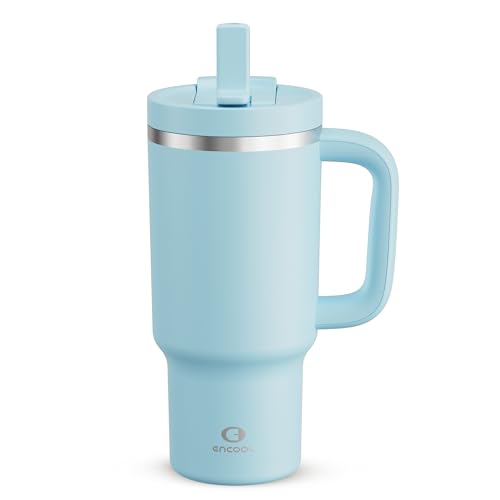 ENCOOL 32 oz Tumbler with Handle and Straw: Stainless Steel Insulated Tumbler Keeps Cold for 24 Hours, Leakproof Travel Cup Fits in Cup Holder and BPA-Free,Pewter Blue