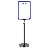 Ständer mit Plakatrahmen DIN A4 blau, in schwarz ist T-Stück, Kunststoffteleskoprohr ausziehbar bis 680 mm und Fuß rund D 17cm ohne Stahleinlage