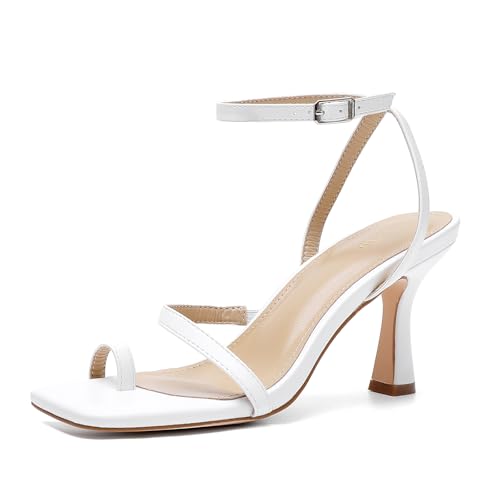 CYOPL Women Kitten Heels for Dressy Occasions Square Toe Lace Up Ankle Strap Heeled Sandals Open Toe High Heel Shoes for Party White
