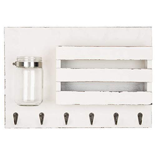 Mygift Vintage White Wood Key And Mail Holder For Wall Rack With 6 Hooks And Decorative Mason Jar Vase #TOP1