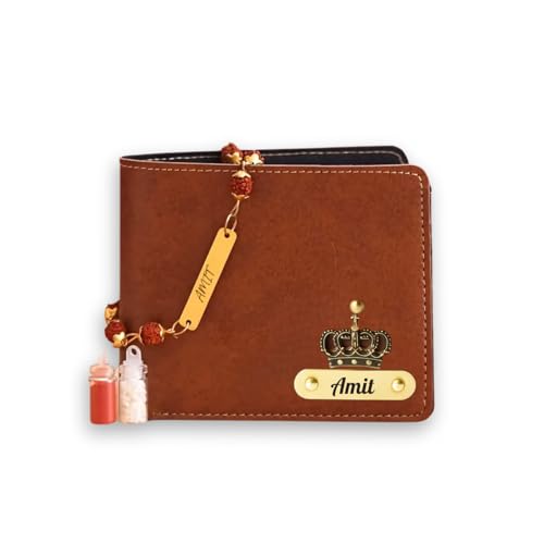 Image of Men's Personalized Wallet with Name Rakhi. Customized Slim Stylish Leather Purse with Metal Name Plate & Charm I Rakhi for Brother and Bhabhi Eco Friendly Rakhi Fo Bhai, Brothers Rakhi