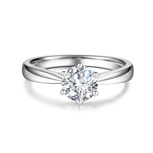 14K Solid White Gold 1ct Moissanite Engagement Ring for Women,6.5mm Main Stone,D Color VVS1 Round Brilliant 6 Prongs Moissanite Wedding Promise Proposal Ring for Wife Anniversary Bridal Gift,All Size