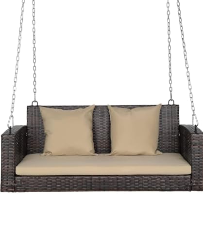 Image of India Hanging Swing Seater Patio Wicker Swings Outdoor Solid Chain Comfortable Back Front Porch for Garden Balcony (Brown +Cream Cushion with Cream Pillow, 2 Seater)