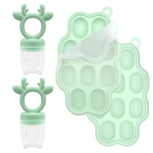 Image of 2 Sets Silicone Breastmilk Popsicle Molds with Baby Food Feeder, BPA Free Fruit Feeder Pacifier with Frozen Ice Tray for Baby Feeding Safely, Infant Fruit Teething Toy for Baby Boy Girl Gifts (Green)