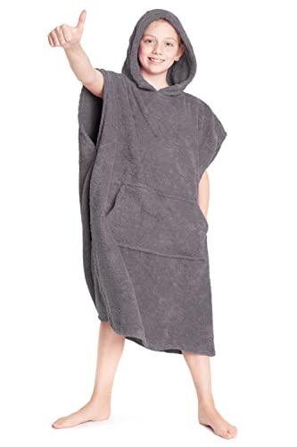 CityComfort Kapuzen Handtuch Poncho Für Kinder Bademantel Zum Wechseln Mit Taschen | Badeponcho Aus 100% Baumwolle | Ideal Für Ferien, Schwimmen, Surfen, Strand, Bad (10/13 Jahre, Anthrazit)