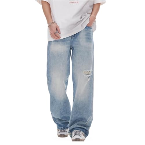 EnllerviiD Men's Ripped Baggy Jeans Wide Straight Leg Loose Fit Distressed Denim Pants Hip Hop Streetwear