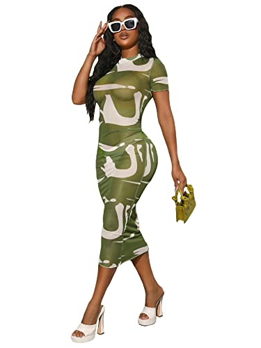 Soly Hux Women's Sexy Colorblock Lettuce Trim Sheer Mesh Mock Neck Short Sleeve Bodycon Dress Multicoloured S #TOP20