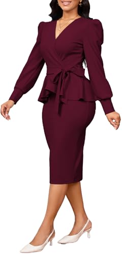 Image of Dresses for Women Elegant Long Sleeves Ruffles Pencil Knee Length Split Business Dress with Belt Zipper