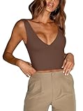 🌸Not see through even plain white! Ultra-soft elastic double-layer material that gives the fashion sleeveless crop tops a perfect amount of support to hold its shape while defining yours, can easily be worn without a bra. 🌸Plunge deep V neck front an...
