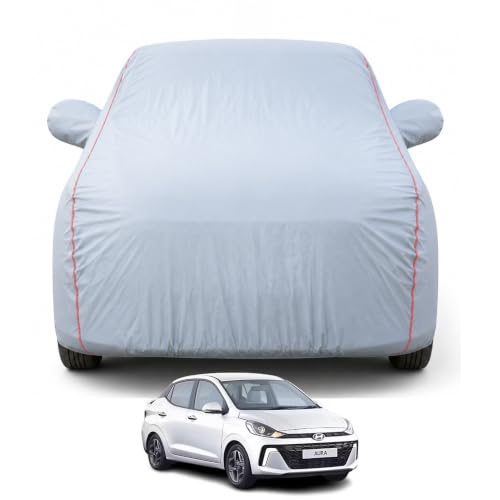 Image of Compatible with Hyundai's Aura 2020-2026 Models 100% Waterproof Car Cover for All Weather Protection Mirror & Inner Cotton Triple Stitched Cover, Adjustable Belt Bottom Elastic (Dark Grey)