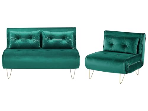 Beliani Ensemble de Canapés BZ Banquettes Convertibles 2 +1 Places en Velours Vert Foncé Pieds Dorés pour Salon au Style Moderne et Glamour