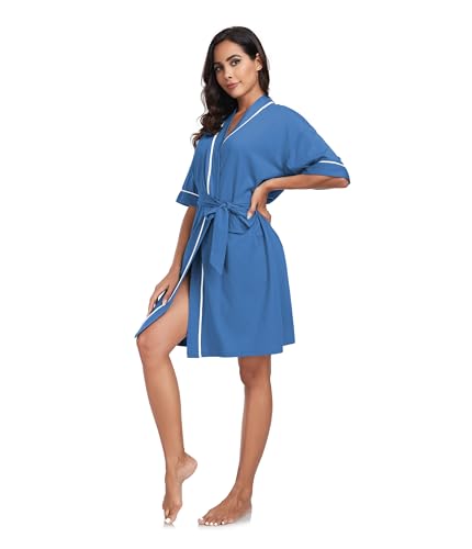 Image of ANLIQI Womens 100% Cotton Robes Lightweight Summer Short Sleeve Lady Bathrobe Knee Length Kimono Robe Sleepwear with Pockets