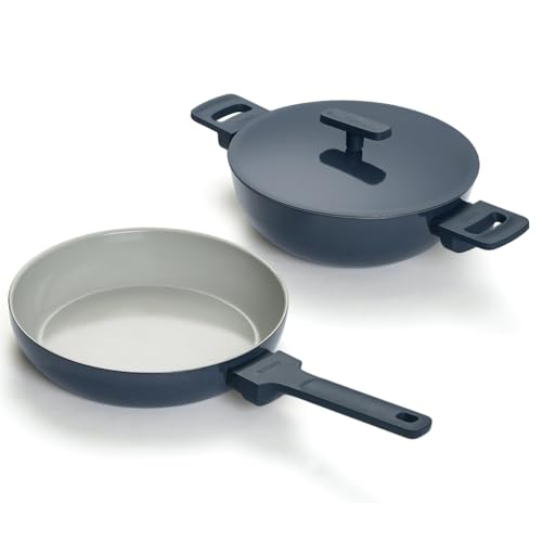 Image of Ember Cookware Arcilla Ceramic Non Stick Cookware Set of 2 | Frying Pan 24 cm & Kadai 2.6 Litre with Metallic Lid | 75% Less Oil | ISI Certified | Non Toxic Ceramic Cookware | Gift Set of 2 | Blue