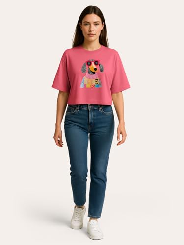 Image of HELLCAT Beige Printed Loose Fit Crew-Neck Crop T-Shirt for Women