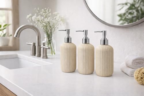 Image of LAGET 300ml Soap Dispenser for Wash Basin - Plane Ribbed Design | Kitchen and Bathroom Accessories Items | Refillable Handwash Dispenser Bottle- Set of 3 (Peach)