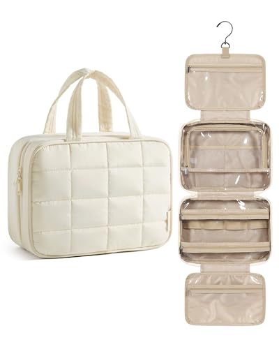 Image of BAGSMART Travel Toiletry Bag with Jewelry Organizer, Hanging Travel Bag for Toiletries, Puffy Makeup Cosmetic Bag Organizer, Carry-on Travel Accessories Essentials, Beige-3, Medium, Style1-medium Size