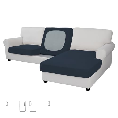 Image of Easy-Going Stretch 3 Pieces Couch Cushion Covers for Sectional Sofa L Shape | 2 Seater + 1 Chaise Lounge Left /Right L Sofa Seat slipcover Anti-Slip Sofa Cover Soft Dark Blue