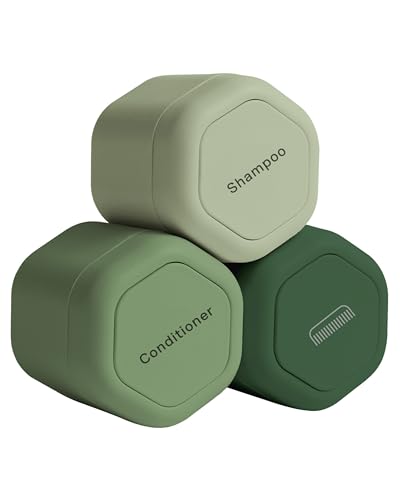 Travel Containers – Haircare Set – Magnetic Travel Capsules – For Shampoo, Conditioner, Hair Styling Product – 3 Flex Mediums (1.32oz) with Shampoo, Conditioner & Comb Icon Labels – Evergreen