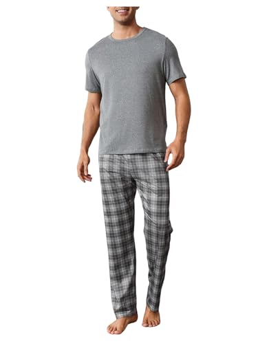 OYOANGLE Men's 2 Piece Pajama Set Short Sleeve T Shirt and Plaid Pants Pjs Summer Sleepwear