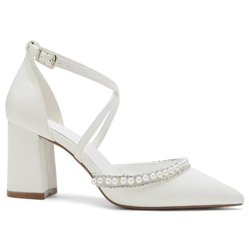 High Block Heel Wedding Shoes for Bride Closed Toe Pearl Bridal Shoes Women Chunky Heels3