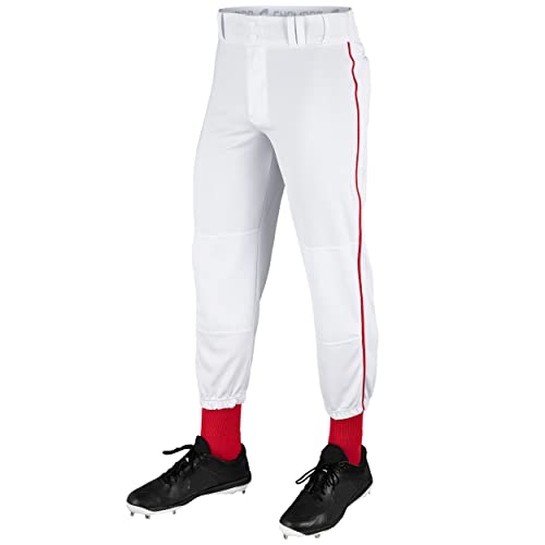 CHAMPRO Traditional Fit Triple Crown Classic Baseball Pants with Contrast-Color Braid Piping and Reinforced Sliding Areas, White, Scarlet pin, Large