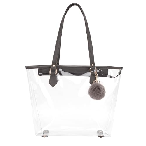 Large Clear Bag Transparent Shoulder Handbag with Plush Pendant (Dark grey)
