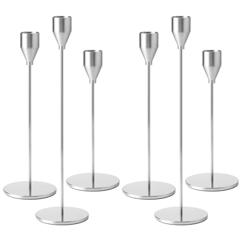 Druuzyl Set di 6 Portacandele da Tavolo in Metallo argento 33/29/23cm - Candelabri Vintage per Matrimoni e Cene Romantiche - Decorazione Nuziale con Candele per Anniversari e Feste (argento)