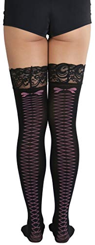 Image of ToBeInStyle Women's Lace Up Back Seam Tights Sheer or Opaque Hosiery Stockings Crisscross Lace Ribbon Zigzag Design