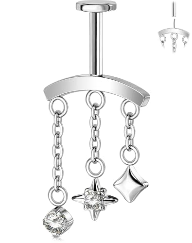 OUFER 16G Hidden Helix Earring Vertical Star Chain Dangle Push Pin Threadless Flat Back Cartilage Earring 316L Stainless Steel CZ Floating Helix Jewelry for Right Ear Silver