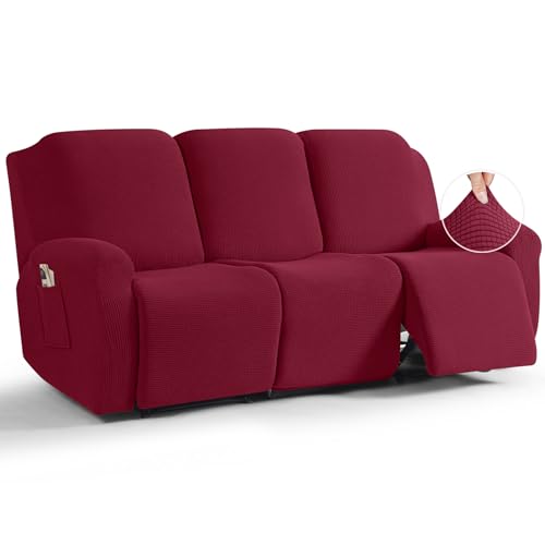 Image of TAOCOCO Recliner Sofa Covers 8-Pieces Stretch Large Couch Covers for 3 Seats Reclining Slipcovers Soft Jacquard Pattern Furniture Protector (Burgundy)