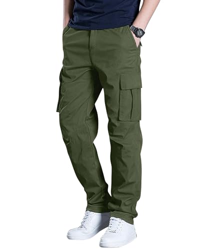 DOWMQ Mens Cargo Pants Stretch Sweatpants Elastic Drawstring Casual Workout Joggers Hiking Tactical Pants with 6 Pockets Army Green L