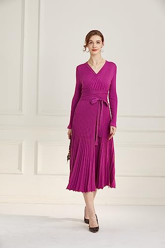 Image of Women's Long Knit Crewneck Sweater Dress Tie Waist A-Line Swing Pleated Bodycon
