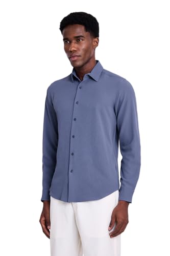 Image of SNITCH Men Casual Shirt | Slim Fit Long Sleeve Spread Collar Vertical Crinkle Textured Pattern | Breathable Polyester Blend & Stretchable Fabric for Casual Outing & Everyday Use