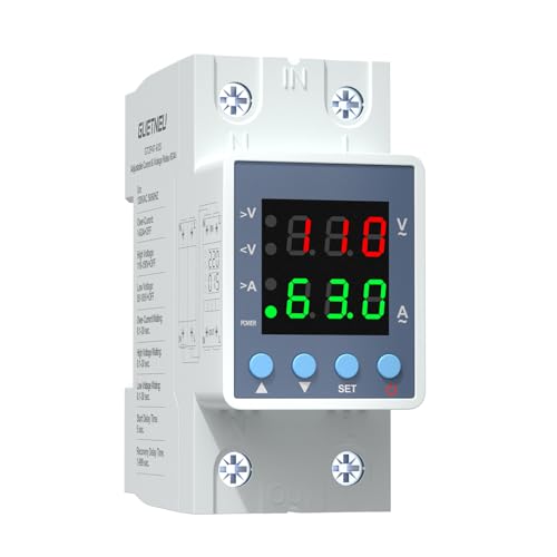 Multifunctional Over/Under Voltage Protector, 120VAC 63A, Current & Voltage Adjustable Protective Relay, LED Display, DIN Rail Mount