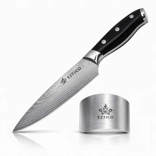 Eztico 8 Inch Professional Chef Cooking Knife With Finger Guard - Super Sharp Kitchen Knife For Precision Cutting - Ideal Kitchen Gadget For Chefs With Ergonomic Handle.