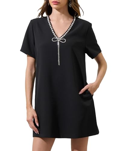 Women's V Neck Shift Mini Dress Short Sleeve Bow Glitter Rhinetone Dress Sexy Party Cocktail Short Dress