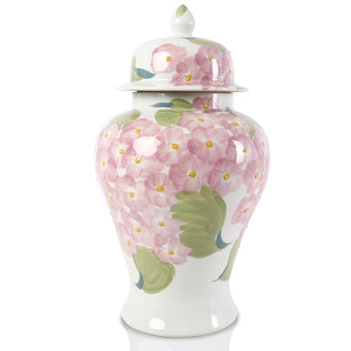 18″ Floral Ginger jar with Lid Ceramic Floral Glazed Chinoiserie