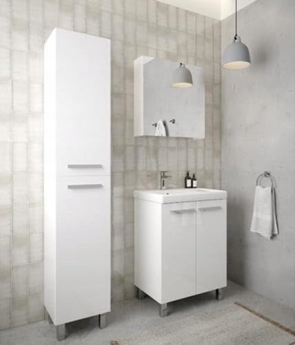 .Deftrans Szafka pod umywalkę z ceramiczną umywalką i chromowaną armaturą – 80 x 60 cm, biała, wysoki połysk, z ociekaczem, system Soft-Close, odpływ Click-Clack i syfon