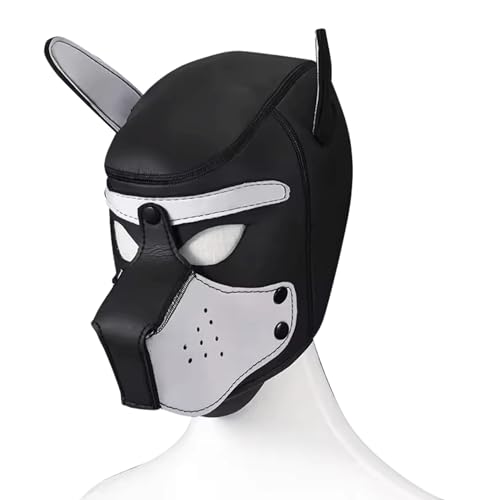 KINKWERK Hundemaske aus Neopren für Petplay, Cosplay, Puppy Play und Party | Weiche und dehnbare Puppy Maske mit Welpenohren (Weiß, L)