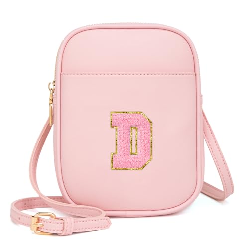Toddler Purse Initial Crossbody Bags for Girls 3 Pockets PU Leather Cross Body Bag Crossbody Purse Handbag Personalized Preppy Teen Girl Gifts Trendy Stuff (Light Pink D)
