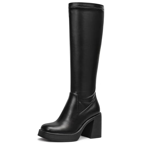 Image of Choiran Knee High Boots for Women - Platform Chunky Square Toe Tall Boots with Block Heeled Side Zipper, Fashion Long Gogo Boots for Spring Fall