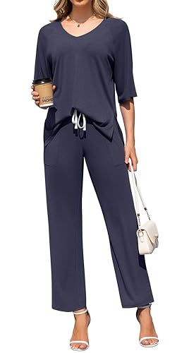 Image of difficort 2 Piece Lounge Sets for Women Summer Outfits Vacation Loungewear | Knit Raglan Short Sleeve Wide Leg pant with Pockets