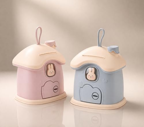 Image of Cute Bunny Piggy Bank for Kids | Kawaii Cartoon Animal Coin Bank | Mini House Cottage Money Saving Box | Durable Plastic Savings Bank Toy Gift for Boys Girls | 1 Pc (Random Color)