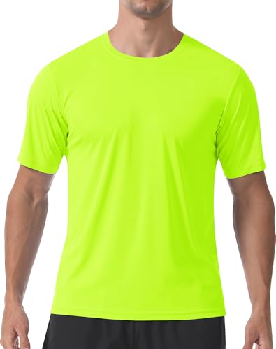 PLUMZJOY Short Sleeve T Shirt Men UPF 50+ Sun Protection T-Shirt Rash Guard Quick Dry Hiking Fishing Shirts Moisture Wicking Running T-Shirts Fluorescent Green L