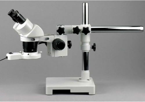 Image of AmScope SW-3B13Y-FRL Binocular Stereo Microscope, WH10x Eyepieces, 5X /15X /30X /45X Magnification, 1X /3X Objective, Single-Arm Boom Stand, 8W Fluorescent Ring Light, 110V-120V, Includes 1.5x Barlow Lens